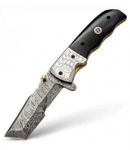 Couteau de poche utilitaire pliant artisanal en acier Damas, manche en corne noire, bolster gravé Aigle, outil de artisanat - Product Image 6