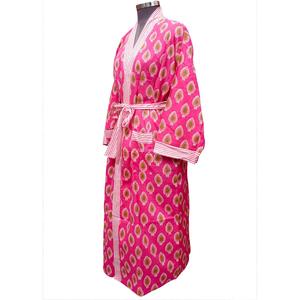 Bata de algodón hecha a mano con estampado floral rosa para mujer, de longitud completa, cuello en V, manga tres cuartos, cierre con cinturón, ropa casual transpirable de secado rápido - Product Image 2