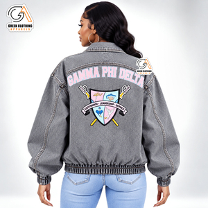 Chaqueta Universitaria para Mujer Gamma Phi Delta, Color Rosa, Bordada, Satén, Manga Larga, Cuello Camisero, Ecológica, Impermeable y Resistente al Viento - Product Image 2