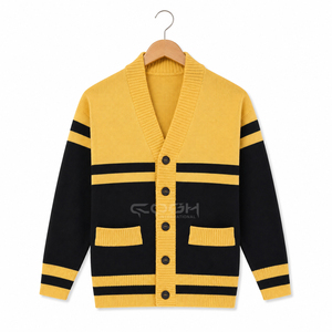 Cosh International Custom Logo Women's Yellow <b>Black</b> Contrast Color Knitted V-Neck <b>Long</b> Sleeve <b>Cardigan</b> <b>With</b> <b>Pockets</b> - Product Image 3