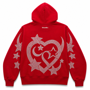 Khumbro <b>Red</b> Hooded Sweatshirt Rhinestone Heart Star Design Regular Fit Men Casual Winter French Terry 100% Cotton Hoodie - Product Image 3