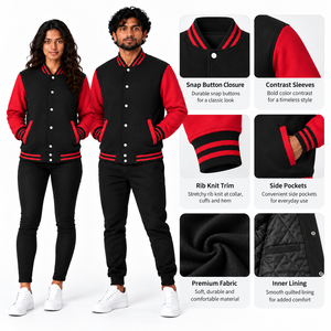 Unisex <b>Black</b> <b>Red</b> <b>Varsity</b> <b>Jacket</b> Solid Color Button Closure Regular Fit Polyester Cotton Outerwear Autumn Wear - Product Image 5