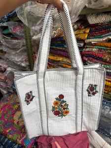 Cotton White Handblock Print Bohemian Style Indian Big Size Tote Bag From Rajasthan - Product Image 1