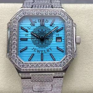 Splendide montre de luxe avec diamants carrés, 28 mm, argent, moissanite, mouvement analogique ETA, résistance à l'eau 10 m, saphir - Product Image 1
