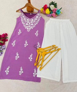 <b>Women</b> Purple Cotton Embroidered <b>Kurta</b> Palazzo Set Traditional Casual Wear India Pakistan Style Midi Length 86477 MORNI- MC-1145 - Product Image 4