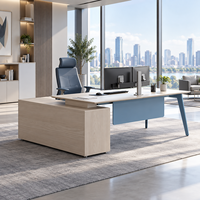 Bureau de direction moderne en forme de L avec armoire de rangement latérale, table de PDG/manager aspect bois pour espaces de travail contemporains