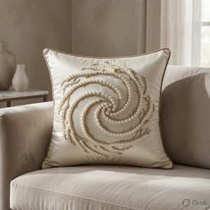 Champagne Satin Cushion with Pearl Swirl Embellishment | Square Decorative Throw Pillow for Elegant <b>Sofa</b> and Living Room Styling - Product Image 3
