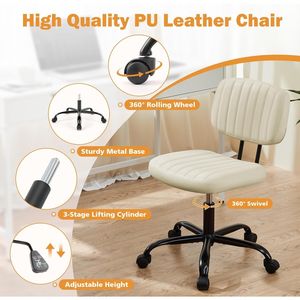 Small Office Desk Chair Armless Beige White PU Leather with Comfortable Lumbar Support - Product Image 4