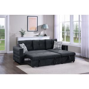 Divano Sezionale 2 Pezzi in Velluto Nero con Letto Estraibile, Chaise Longue Contenitore e Dettagli Trapuntati, Reversibile, per Soggiorno - Product Image 4