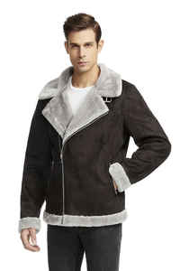 <b>Men's</b> Black <b>Suede</b> Leather <b>Jacket</b> Faux Fur Lined Zipper Closure Moto Biker Style Winter Outerwear - Product Image 2