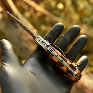 Nordic Forge Copper Damascus Steel Industrial Grade Folding <b>Knife</b> Back <b>Lock</b> Olive & Rosewood Handle Pocket Clip Sheath OEM EDC - Product Image 4