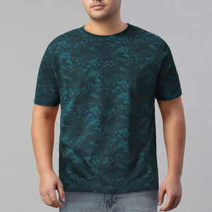 T-shirt en coton à manches courtes pour homme, col rond, imprimé feuilles tropicales vert foncé, coupe classique, jersey tricoté décontracté - Product Image 1