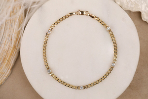 Gorgeous 14K Solid Gold 0.43ctw Bezel set Cuban Link Chain Bracelet Sectioned 0.3mm 5 Round Diamond Bracelet Curb Chain Bracelet - Product Image 4