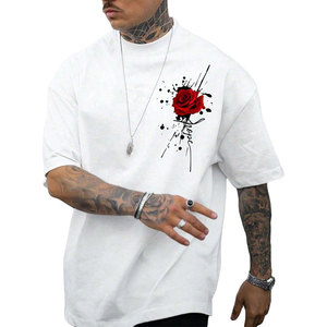 T-shirt en jersey de coton blanc surdimensionné pour homme, col rond, manches courtes, style streetwear, imprimé floral sur le devant - Product Image 1