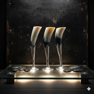 Verre à vin artisanal en corne de buffle, forme naturelle, sculpté avec un motif de plume dorée, imitation antique, objet de collection - Product Image 3