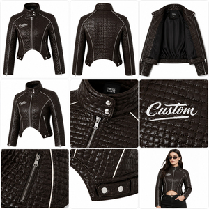 Blouson moto matelassé en cuir PU pour femme, col montant, fermeture éclair, longueur courte, logo personnalisé sur le devant, nouveau design tendance - Product Image 3