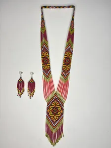 Conjunto de collar tribal rojo y amarillo de primera calidad con aretes a juego, joyería llamativa de cuentas tejidas a mano PARA BODA - Product Image 5