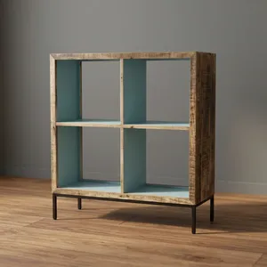 Estante de Almacenamiento Rústico de Madera y Hierro con 4 Cubos Cuadrados, Estantes Abiertos y Acabado Reciclado para Sala de Estar - Product Image 5