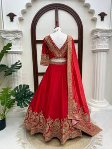 <b>Red</b> Embroidered <b>Lehenga</b> Set Velvet Ethnic Bottomwear Dupatta Wedding Festival Wear - Product Image 6