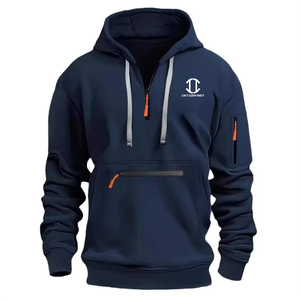 INTERKNIT Men's <b>Light</b> Gray Quarter-Zip Hooded Fleece <b>Jacket</b> with Front and Sleeve Zippers Casual Autumn Wear - Product Image 5