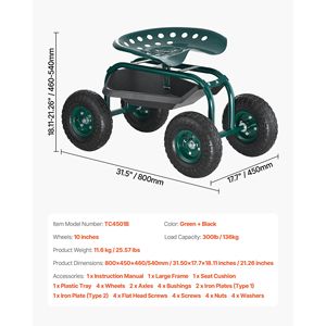 Carrello Multiuso con Sedile Girevole e Vassoio Portautensili, Capacità di Carico 300 Libbre, Carrello da Giardino per Esterni - Product Image 6