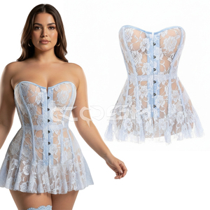 Corset bleu en dentelle transparente avec baleines en acier et mini-jupe évasée |   Fabricant de lingerie sexy sur mesure - Product Image 6
