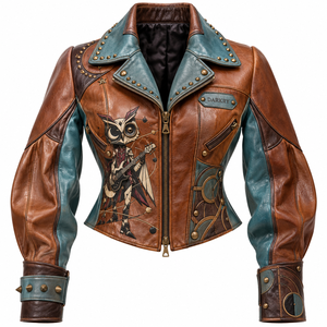 Chaqueta de Cuero Vacuno para Mujer, Color Marrón Teal, Estilo Vintage, con Gráficos, Tachuelas, Estilo Punk Rock, Fabricante Mayorista, Personalizable OEM/ODM - Product Image 1