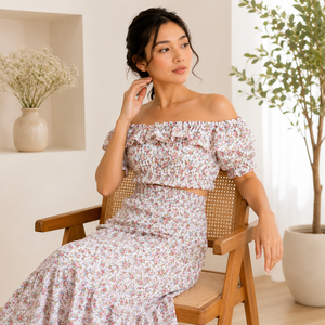 Women's Shoulder Short Sleeve Floral Print Discharge Printed Cotton Dress Ruffled Neckline Full Length Prairie Chic Spring - Product Image 3