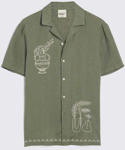 Premium Men's Olive Green Cotton Embroidered <b>Shirt</b> <b>Half</b> Sleeve Casual Camp Collar <b>Shirt</b> with White Botanical Art - Product Image 5