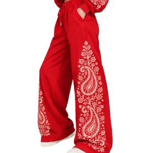 Vibrant Red <b>Womens</b> Paisley Print Cropped Hoodie Wide Leg Pants Two Piece Tracksuit Casual Streetwear Loose Fit <b>Jogger</b> <b>Outfit</b> Set - Product Image 6