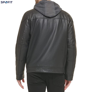 Veste en cuir noir pour homme SPOFIT avec capuche amovible, veste moto en cuir véritable, capuche en polaire amovible - Product Image 2