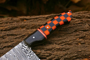 Couteau de Chef en Acier Damas avec Manche en Résine Orange et Noire à Motif Damier, Couteau de Cuisine Culinaire, de Découpe et de Désossage, Vente en Gros, B2B, OEM - Product Image 2