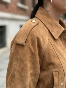 Camel <b>Suede</b> Bomber <b>Jacket</b> For <b>Women</b> - Cropped Quiet Luxury Fall Style - Product Image 5