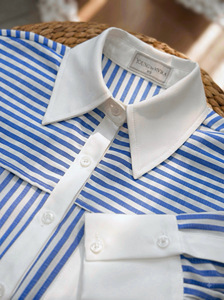 Camisa Corta a Rayas Azules para Mujer, Cuello Blanco en Contraste, Manga Larga, Bolsillo de Parche, 100% Poliéster y Algodón, Estilo Casual KYLE - Product Image 6