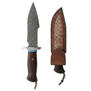 Couteau de chasse en acier de Damas avec manche en bois, lame à pointe tombante, bord droit, étui en cuir - Product Image 3