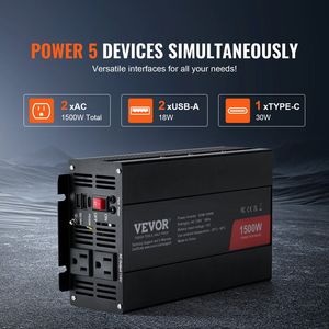 Inverter di Potenza a Onda Sinusoidale Modificata 1500W, da DC 12V a AC 120V, 2 Prese AC, 2 Porte USB e 1 Porta Type-C con 6 Fusibili di Ricambio - Product Image 3