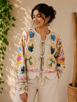Veste en coton tricoté respirant brodée à la main pour femme, style bohème floral Suzani, dentelle sur le devant, manches régulières, col rond, automne/hiver