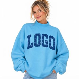 Women's Oversized <b>Turtleneck</b> Sweatshirt Green Letter Logo Print Drop-Shoulder Full Sleeve Knitted Cotton <b>Mock</b> Neck - Product Image 3