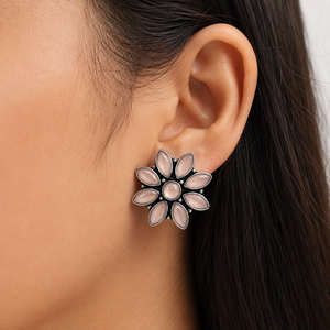 Pendientes de tuerca con engaste floral bohemio de latón con diseño de flor y garantía comercial para mujer |   Plata Antigua Plateada de Estilo Vintage para Aniversario - Product Image 2