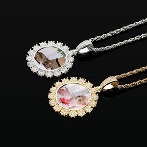 Personalized Round Photo Pendant Diamond Flower Border Necklace Custom Picture <b>Memory</b> Charm - Product Image 3