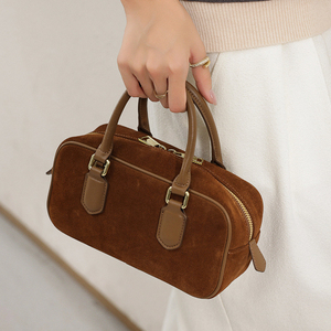 Classic Genuine Leather <b>bowling</b> bag With Zipper Closure Two Handles Women's Handbag Daily Use <b>bowling</b> bag leather - Product Image 2