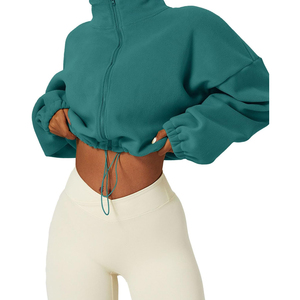 Women's <b>Teal</b> Fleece Zip-Up Crop Sweatshirt Oversized Stand Collar Drop-Shoulder Full Sleeve Autumn Wear Solid Color Unlined - Product Image 4