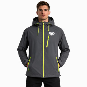 Men Hooded <b>Windbreaker</b> Jacket Waterproof Jacket – <b>Black</b> with Neon Zipper Detail for Wholesale Men's Jackets - Product Image 1