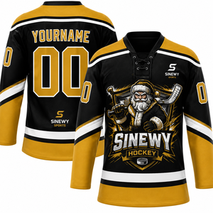 SINEWY SPORTS Heren Custom IJshockey Jersey Zwart Goud Santa Design Gesublimeerd Vochtregulerend Volledige Mouw Regular Fit - Product Image 1