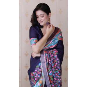 Sari de Seda Tussar Azul Marino con Borde Tejido con Zari y Estampado Floral, Vestido de Noche Elegante, Tejidos de Élite, 500g - Product Image 5