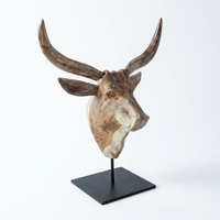 Sculpture de tête d'animal en bois artisanale Buffalo Suge avec support métallique – Décoration moderne pour table, idéale pour anniversaire et décoration intérieure