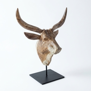 Buffalo Suge Stand Handcrafted <b>Wooden</b> Animal Head Sculpture <b>Rustic</b> Tribal Tabletop Decorative Artwork Metal Stand Home Decor - Product Image 1