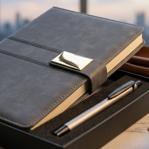 Aurelux Dark Grey PU Leather Case Bound A5 Multicolor Notebook <b>with</b> Pen for Office Use Custom Logo Executive Corporate Gift - Product Image 3