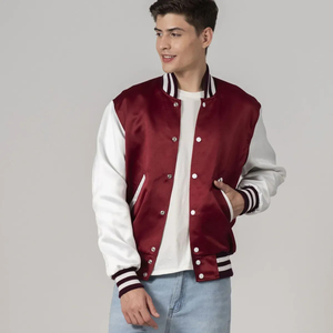 Chaqueta Varsity de Satén Personalizada para Hombre, Estilo Casual, Chaqueta Bomber con Cuello y Puños a Rayas, Botones a Presión, Estilo Urbano - Product Image 4