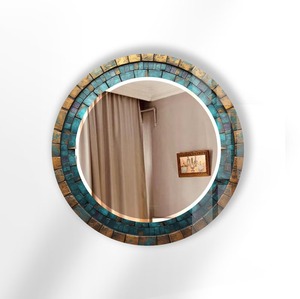 REHMAN CRAFT Turquoise & Antique Gold Mosaic Handmade LED <b>Round</b> <b>Wall</b> <b>Mirror</b> with MDF Wood & Bone Inlay - Product Image 2
